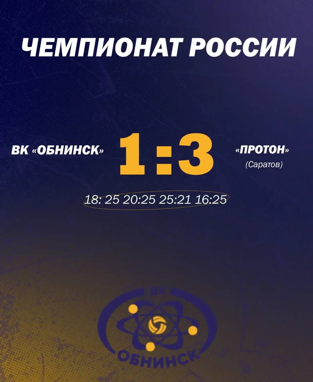 Волейбольный клуб «Обнинск» проиграл «Протону» (Саратов) в четвертьфинале Первой лиги российского...